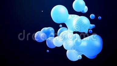 三维抽象背景，熔融蜡滴与内部蓝色辉光合并，并在液体中飞散。 无缝回路